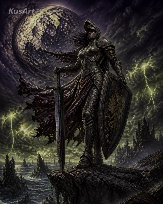 Lone Female Knight on a Stormy Cliff