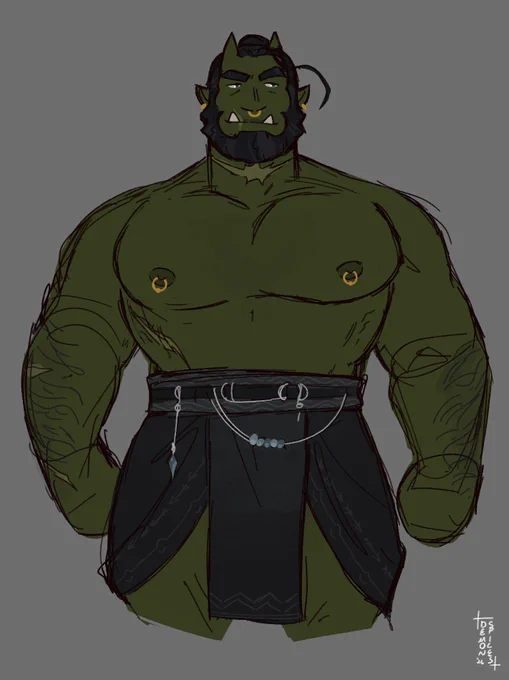 an orc stands with a cocky expression. there is a large scar on their neck. their chest is bare, showing off gold piercings. they wear little beyond a sort of loincloth.