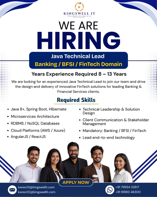 We're Hiring Java Technical Lead – Banking  BFSI  FinTech Domain, Kingswell IT, Kingswell