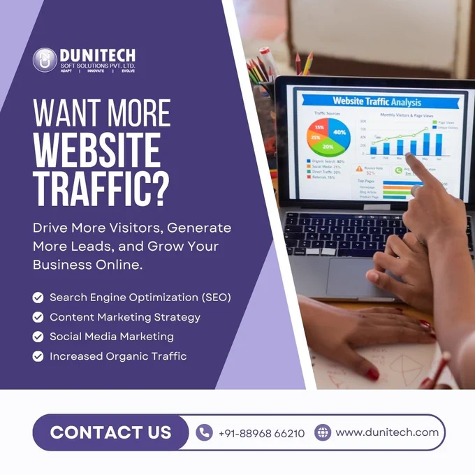 Digital marketing promotional banner highlighting SEO, content marketing, social media marketing, and website traffic growth services to increase visitors, leads, and online business growth.