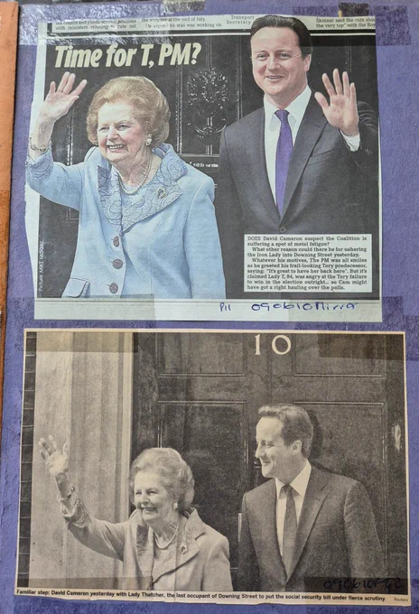 Newspaper coverage of Margaret Thatcher's visit to David Cameron in Downing Street on 8 June 2010.