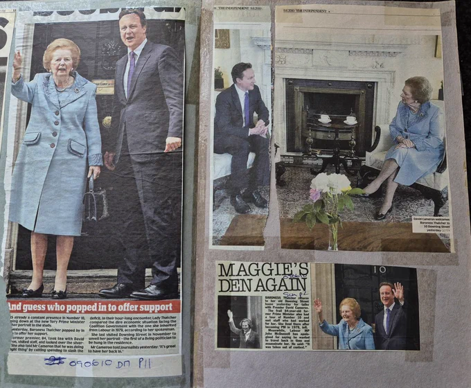 Newspaper coverage of Margaret Thatcher's visit to David Cameron in Downing Street on 8 June 2010.