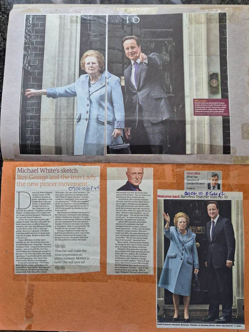 Newspaper coverage of Margaret Thatcher's visit to David Cameron in Downing Street on 8 June 2010.