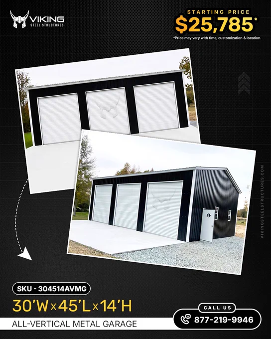30Wx45Lx14H All-Vertical Metal Garage