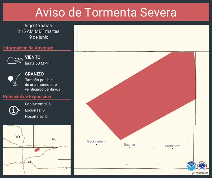 Este gráfico muestra la localización en el mapa de un aviso de tormenta severa. El aviso estará en efecto hasta las 3:15 AM MDT. El aviso incluye a Weld County, CO. El aviso incluye el noreste del condado de Weld en el noreste de Colorado. Las amenazas asociadas a este aviso son: ráfagas de viento de 50 MPH y granizo del tamaño de una moneda de veinticinco centavos. Hay 205 personas bajo este aviso incluyendo 0 escuelas y 0 hospitales.
