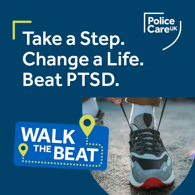 Close-up of a person tying running shoes promoting 'Walk the Beat' to support PTSD awareness by Police Care UK. The white Police Care UK Shield Logo is in the top right corner