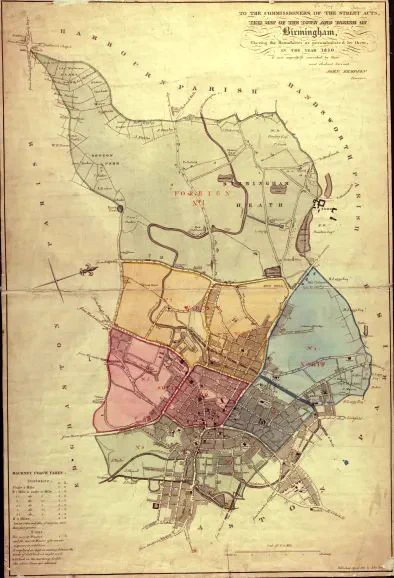 A map  - title in the top right corner is To the Commissioners of the Street Acts. The map of the town and parish of Birmingham surveyed by John Kempson. Beneath this is the map of the town divided into different coloured sections. A series of crossing lines indicating the convergence of streets and roads. A confluence of properties in the bottom half of the map. A key in the bottom left of the map. 