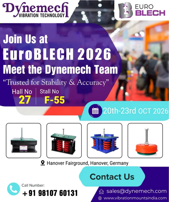 Dynemech EUROBLECH 2026 exhibition invitation banner displaying event dates (20–23 October 2026), Hall 27, Stall F-55, Hanover Fairground Germany, with company branding and contact information.