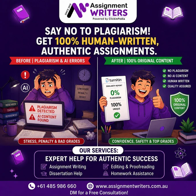 Comparison graphic showing a worried student facing plagiarism and AI-content warnings on a laptop screen, contrasted with a confident student holding a 100% original assignment report with a verified uniqueness check and approval mark.