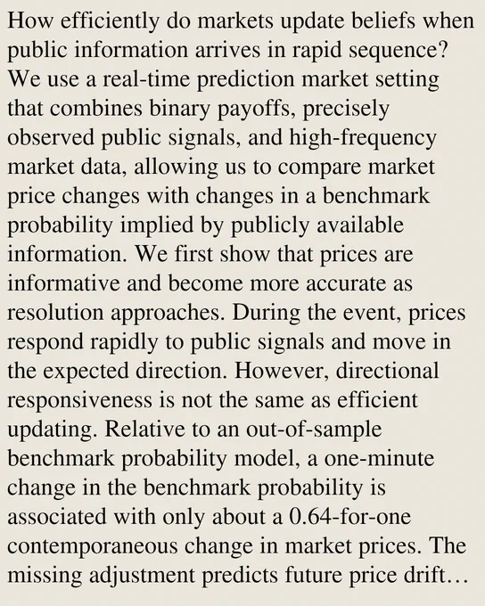 How efficiently do markets update beliefs when public information arrives in rapid sequence? We use a real-time prediction market setting that combines binary payoffs, precisely observed public signals, and high-frequency market data, allowing us to compare market price changes with changes in a benchmark probability implied by publicly available information. We first show that prices are informative and become more accurate as resolution approaches. During the event, prices respond rapidly to public signals and move in the expected direction. However, directional responsiveness is not the same as efficient updating. Relative to an out-of-sample benchmark probability model, a one-minute change in the benchmark probability is associated with only about a 0.64-for-one contemporaneous change in market prices. The missing adjustment predicts future price drift over the following several minutes, including drift net of subsequent changes in the benchmark probability. We then study the mecha