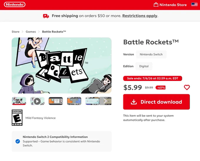 Screenshot of Nintendo.com's listing for the Nintendo Switch game, Battle Rockets, showing the game with a 40% discount at $5.99 USD; sale ends on July 6, 2026