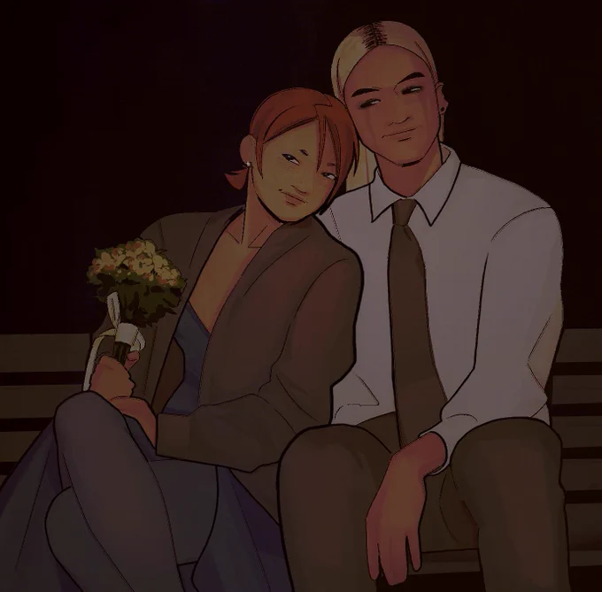 drawing of paco and usagi in formal wear as they sit on a bench