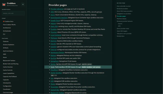 Screenshot of Crabbox's provider pages showing Tenki listed as a supported provider alongside AWS, Azure, Google Cloud, Hetzner, E2B, Modal, Cloudflare, and others. Tenki entry highlighted.