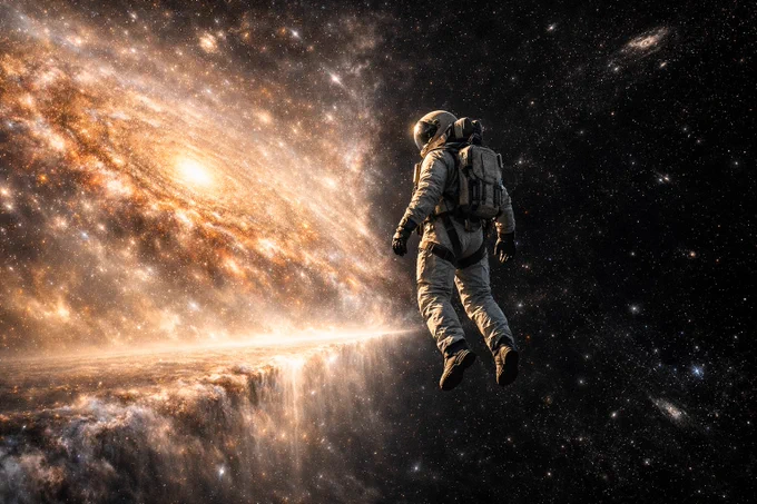 A full‑bodied astronaut floats at the boundary between creation and void — the edge of galaxies where radiant star‑birth meets infinite darkness. Cinematic realism, ultra‑detailed textures: skin, fabric fibers, leather grain, metal reflections, cosmic dust. The left side glows with swirling galaxies, nebulae, and golden light; the right fades into cold, empty space. The figure hovers in crisp focus, illuminated by the dying light of creation. Epic, divine contrast between genesis and oblivion, photographed in breathtaking clarity and natural lighting.