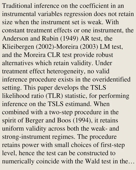 Traditional inference on the coefficient in an instrumental variables regression does not retain size when the instrument set is weak. With constant treatment effects or one instrument, the Anderson and Rubin (1949) AR test, the Klieibergen (2002)-Moreira (2003) LM test, and the Moreira CLR test provide robust alternatives which retain validity. Under treatment effect heterogeneity, no valid inference procedure exists in the overidentified setting. This paper develops the TSLS likelihood ratio (TLR) statistic, for performing inference on the TSLS estimand. When combined with a two-step procedure in the spirit of Berger and Boos (1994), it retains uniform validity across both the weak- and strong-instrument regimes. The procedure retains power with small choices of first-step level, hence the test can be constructed to numerically coincide with the Wald test in the strong-instrument limit.