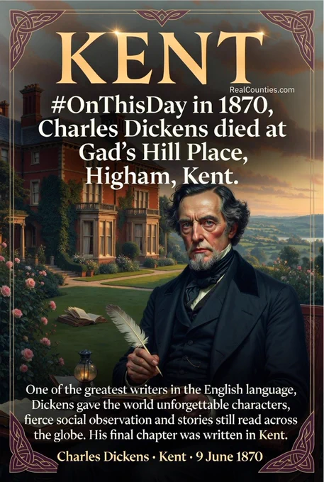 Kent - graphic illustrating that Charles Dickens died on this day in 1870 - from RealCounties.com