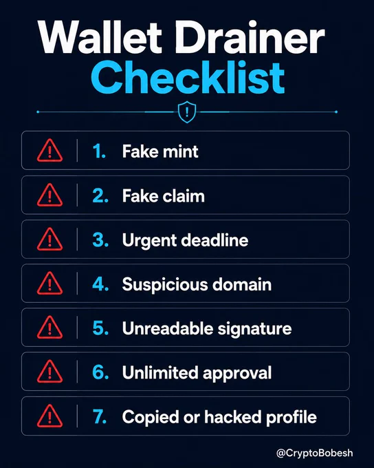 A simple wallet drainer checklist showing seven warning signs to check before minting, claiming or signing anything in DeFi.