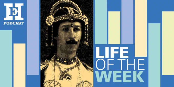 A stylized illustrated image of a person dressed in ornate historical attire with a headdress. The background features the text "Life of the Week" alongside the logo for the HistoryExtra Podcast, with abstract vertical color bands in blue and yellow tones.