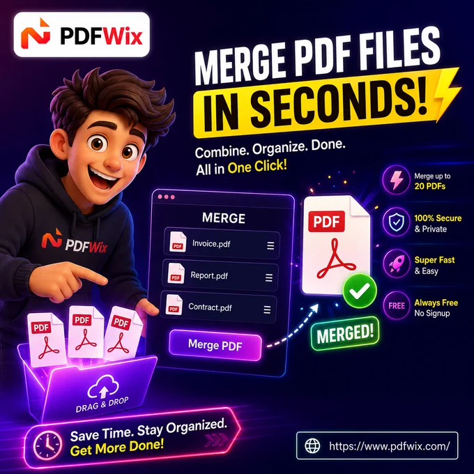 PDFWix Merge PDF tool — drag and drop up to 20 PDF files, reorder them before downloading. No signup, no watermark, no size limits. Combines vendor invoices, scanned pages, and contract addendums into one clean PDF. Free, any device.

#MergePDF #CombinePDF #PDFMerger #MergePDFOnline #NoWatermark #FreePDFTools #DocumentManagement #BusinessProductivity #StudentProductivity #FreelancerTools #RemoteWork #WorkFromHome #AIProductivityTools #FreeOnlineTools #PDFConverter