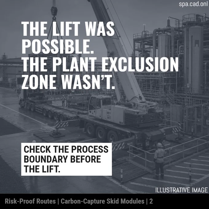 Illustrative image showing a mobile crane and specialist transport trailer operating inside a dense industrial process plant, with pipework, tanks, platforms, marked work zones and site personnel around the lift area. Overlaid text reads: “The lift was possible. The plant exclusion zone wasn’t.” and “Check the process boundary before the lift.