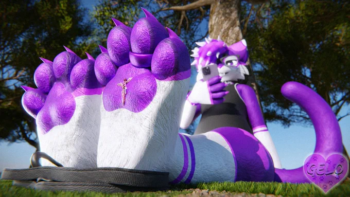 A render showing Gelo propping their paws top of their sandals on the grass while Gelo is laying against the tree looking at their phone. There is a bug (Xilveria) stuck to the mainpad of their paw.
Render by @GrapeDoggo
Render for @Xilveria