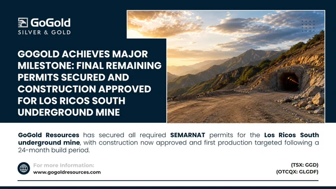 Corporate announcement graphic highlighting GoGold Resources' receipt of all remaining SEMARNAT permits for the Los Ricos South underground mine in Mexico. The image features a mine tunnel entrance in a mountainous landscape and emphasizes the project's approval for construction and progression toward production.