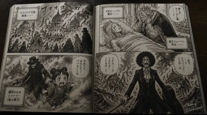 The emotional peak of Brook’s flashback completely dismantles the peaceful era of Esperia. Here is what’s going down:

Queen Candelle Dies: Tragically passes from an illness, completely debunking the popular "Holy Knight Spy" theory. King Reuven is left devastated.

Esperia in Flames: The World Government launches a brutal invasion, leaving the beautiful kingdom burning to the ground.

The Mysterious Fog: A thick, ominous fog rolls in during the chaos, heavily hinting at the origins of the entity that later traps Brook in the Florian Triangle.

Shuri Captured: The WG/Imu’s forces forcefully seize young Shuri (Gunko) due to her unique traits, setting up her future in Mariejois.

Brook’s Turning Point: After witnessing the destruction and fighting off invaders, a grieving Brook is forced onto the path of piracy, taking up his sword and violin to head out to sea.