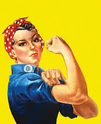Rosie the Rivetor image, a woman with a bandana, rolling up her sleeve and flexing her bicep
