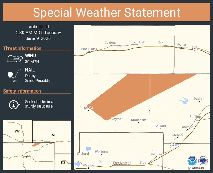 This graphic displays a special weather statement plotted on a map. The statement is in effect until 2:30 AM MDT.  The statement includes Weld County, CO.  A STRONG THUNDERSTORM WILL IMPACT NORTHWESTERN LOGAN AND NORTHEASTERN WELD COUNTIES UNTIL 230 AM MDT. The threats associated with this storm are wind gusts up to 30 MPH and penny sized hail. Seek shelter in a sturdy structure until the storm passes.