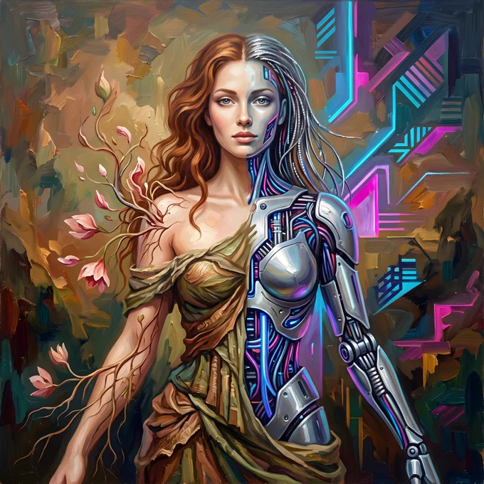 Petals of the Machine
A figure divided between bloom and circuitry — one half shaped by petals, vines, and the quiet logic of nature, the other built from metal, neon, and engineered precision. Blossoms rise where skin softens, while glowing lines and exposed components trace the anatomy of a machine learning how to feel.
Two elements that shouldn’t belong together meet in a single body, held in the strange harmony that defines Mixed‑Up Media — the chapter where mismatched worlds fuse into something unexpectedly whole.
A hybrid presence, blooming once.

Image: 8192 × 8192 PNG 17.2 MB
Created for: Mixed‑Up Media chapter of The Snail Event
Organised by: @ReachROCKIN & @Lord_iiip