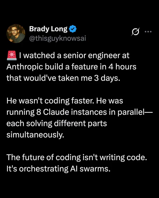 Tweet discussing AI swarm orchestration by using multiple Claude instances to speed up coding tasks. Highlights the future of coding through AI.