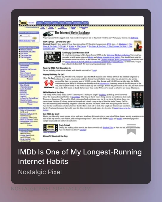 A Substack article preview card for “IMDb Is One of My Longest-Running Internet Habits” by Nostalgic Pixel. The card shows an old Internet Movie Database webpage screenshot inside a dark rounded rectangle over a soft purple and blue gradient background.