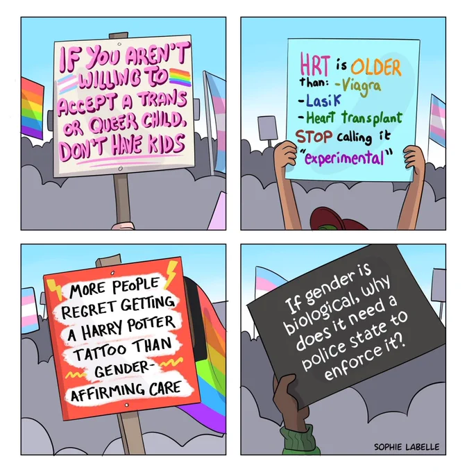 A four-panel comic by Sophie Labelle showing protest signs at an LGBTQ  rally against a backdrop of trans and rainbow flags.
 Top-Left: A pink sign reads, "IF YOU AREN'T WILLING TO ACCEPT A TRANS OR QUEER CHILD, DON'T HAVE KIDS."
 Top-Right: A light blue sign held by two hands states, "HRT is OLDER than: -Viagra, -Lasik, -Heart transplant. STOP calling it 'experimental'."
 Bottom-Left: A red and white sign shaped like an explosive graphic reads, "MORE PEOPLE REGRET GETTING A HARRY POTTER TATTOO THAN GENDER-AFFIRMING CARE."
 Bottom-Right: A person holds a black sign with white text that asks, "If gender is biological, why does it need a police state to enforce it?" The comic is signed "SOPHIE LABELLE" in the corner.