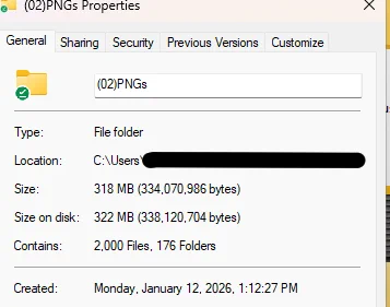 Screenshot of the properties tab of ItsJustWitchMaps PNG folder, depicting 2000 files created.
