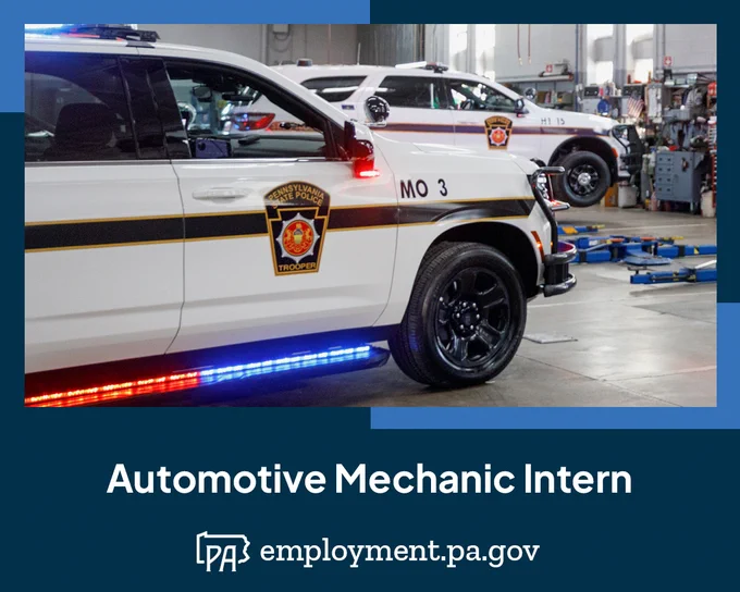 Marked state police vehicles in a garage, plus the words Pennsylvania State Police Cadet, the PA outline logo, and the URL employment.pa.gov