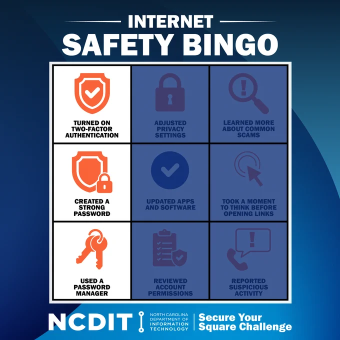 This image is titled "Internet Safety Bingo," featuring a 3x3 bingo card. The first column of the card is highlighted, sharing three tips: "Turned on Two-Factor Authentication," "Created a Strong Password," and "Used a Password Manager."