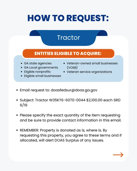 The graphic contains written information about the item and how to request it from DOAS Surplus. To request, interested parties must email doasfedsur@doas.ga.gov with the item name in the subject line. This item must be requested by June 19. 