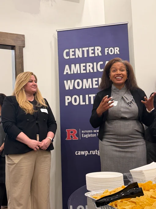 New Jersey Acting State Comptroller Shirley U. Emehelu talks to New Jersey students with New Jersey Acting Civil Service Commission Chair Mary Cruz at a Center for American Women and Politics event.
