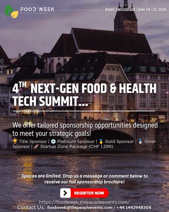 As a sponsor, you'll gain unparalleled visibility, connect with key stakeholders, showcase your solutions, and establish your brand as a driving force in the future of food and health technologies.

🌟 Sponsorship Opportunities Available:
- Title Sponsor - Platinum Sponsor - Gold Sponsor - Silver Sponsor - Startup Zone Package

Why Sponsor?
- Increase brand awareness among a global audience
- Generate high-quality business leads
- Build strategic partnerships
- Showcase innovations and thought leadership
- Engage directly with industry decision-makers

📅 June 24–25, 2026 | 📍 Basel, Switzerland

⚡ Sponsorship packages are limited and allocated on a first-come, first-served basis. Secure your place today and become part of the conversation shaping the future of food and health.