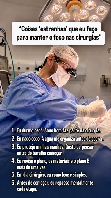 Foco na cirurgia não começa na hora de operar.

Começa antes: no sono, na rotina, no planejamento, na revisão dos materiais e na forma como corpo e mente chegam ao centro cirúrgico.

Operar bem também é preparar bem.