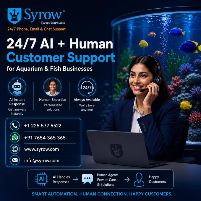 🚀🤝 AI Meets Human Care

Syrow delivers 24/7 AI   Human Customer Support for aquarium businesses—ensuring faster responses, expert assistance, and happier customers. 🐟📞🤖 From handling customer inquiries and order updates to providing personalized support, our intelligent solutions help you build trust, improve satisfaction, and never miss an opportunity to engage.

⚡ AI for instant responses. Human agents for meaningful conversations. The perfect combination to keep your customers connected and your business growing.

Could smarter support be the key to your business growth? 🌊💡

#Syrow #CustomerSupport #AISupport #HumanSupport #24x7Support #BusinessGrowth #CustomerExperience #CustomerSuccess #BusinessAutomation #AIChatbot #ContactCenter #Outsourcing #DigitalTransformation #SupportServices #FishBusiness #AquariumBusiness