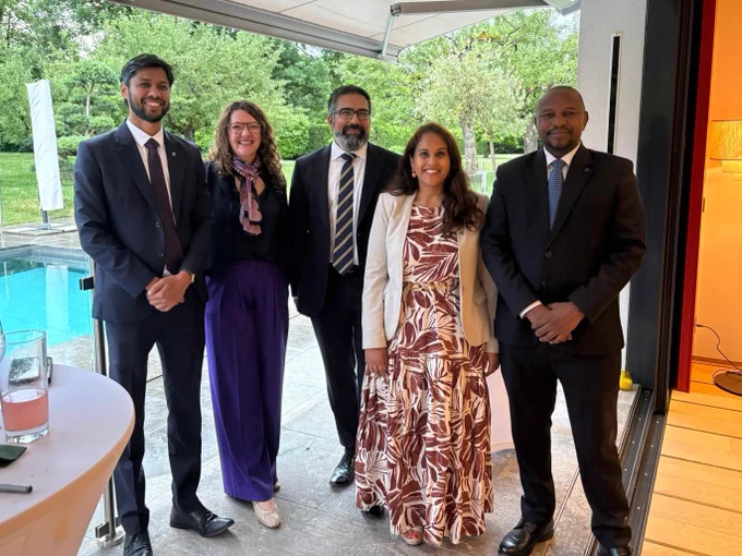Photo of Ambassador Walsh of Australia, Ambassador Iyer of the UK, CSSO Chargée d'affaires and two CSSO Human Rights Advisers posing for a photo at the event. 