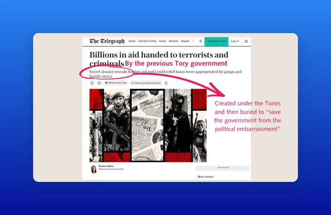 Telegraph Headline:

Billions in aid handed to terrorists and criminals.
Secret dossier reveals foreign aid and covid relief loans were appropriated by gangs and hostile states

Annotated to highlight that this happened under the former government, which buried the report to save themselves from political embarrassment