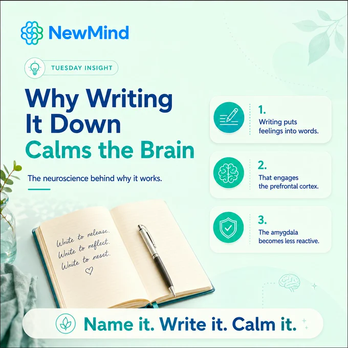 Infographic showing the neuroscience of journaling — how writing about emotions engages the prefrontal cortex and calms the amygdala