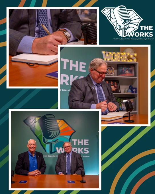 The image includes three different images. The first picture shows a person writing in a notebook. The second picture shows a person at a desk with a microphone. The third picture shows two men wearing suits seated at a table with microphones.