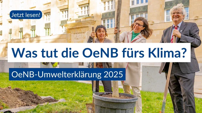 Das Bild zeigt zwei Frauen und einen Mann, die vor dem Gebäude der OeNB einen Baum pflanzen.