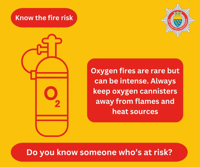 Poster about oxygen fire risks, showing an oxygen canister and safety advice.