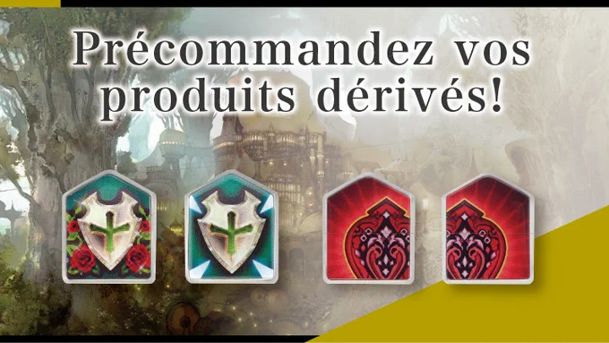 Une bannière de Final Fantasy 14 qui montre 4 pins en forme des icones de bonus de couverture, couvert, position rapprochée et partenaire de position rapprochée. Le texte en haut indique "Précommandez vos produits dérivés !".