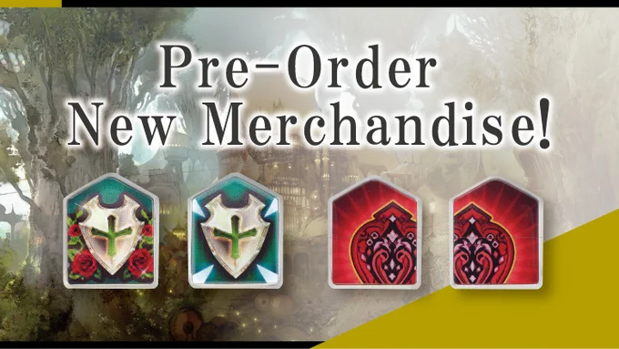 Banner text reads pre-order new merchandise! Banners showcases two sets of status effect-themed pin badges. On the left are the the Cover and Covered status pins, and on the right are the Closed Position and Dance Partner pins.