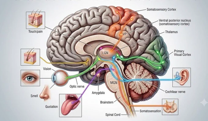 Diagram of sensory-based therapeutics pathways showing olfactory, auditory, and tactile routes to the brain